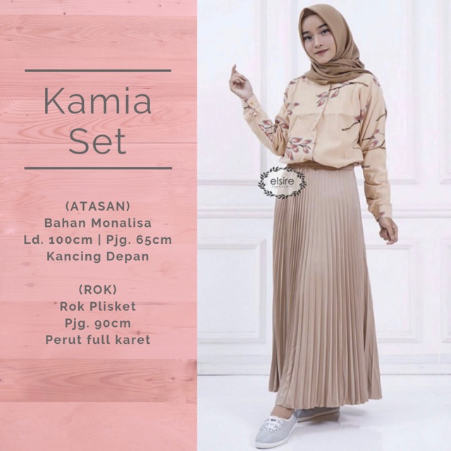 KAMIA SET Setelan Atasan Motif Rok Plisket Fashion Muslim Wanita Murah Busui Ori By Elsire