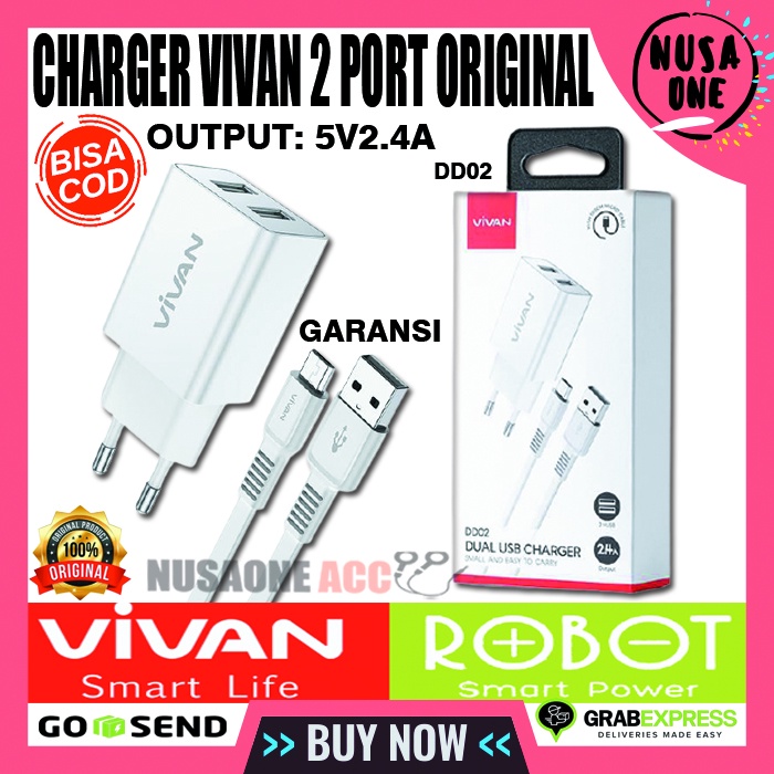 CHARGER HANDPHONE VIVAN DD02 ORIGINAL CHARGER DUAL PORTS ADAPTOR DUAL USB VIVAN CASSAN HP VIVAN CABL