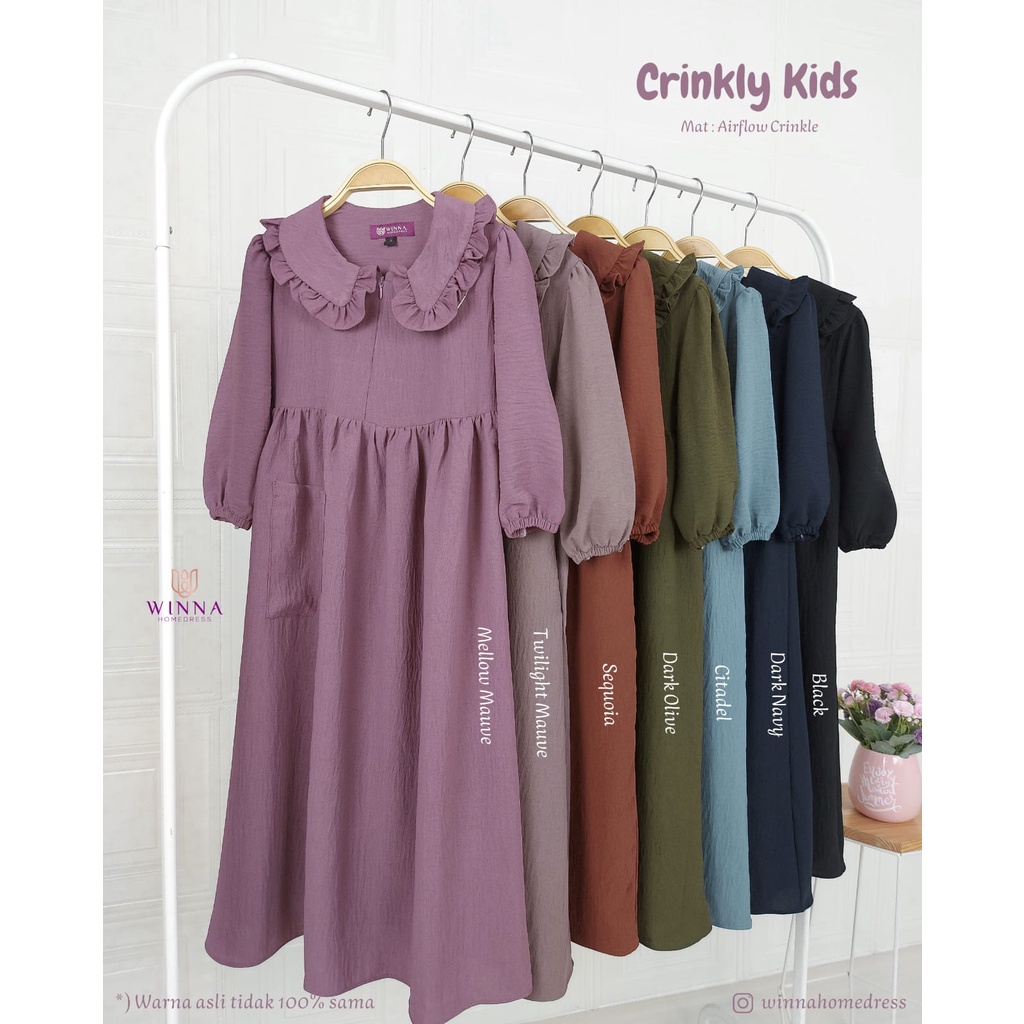 CRINKLY by WINNA HOME DRESS GAMIS IBU dan ANAK klambieakhwat BISA COD | bahan airflow crinkle lembut jatuh adem tidak menerawang ironless tidak harus di setrika baju rumahan harian busui friendly saku kanan tali samping home dress lengan panjang