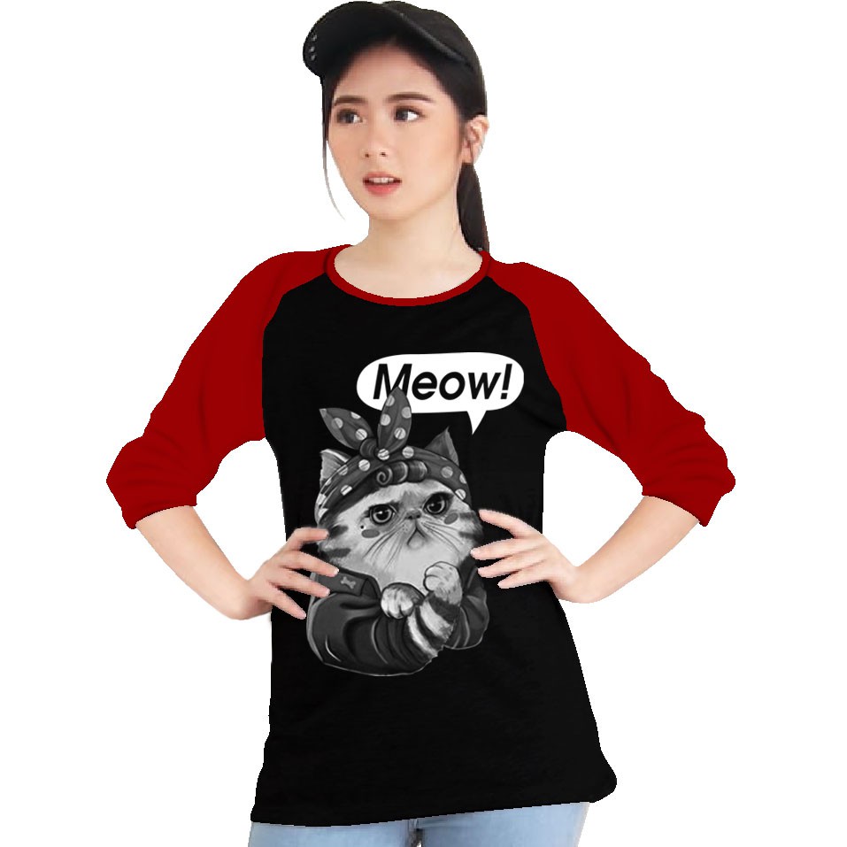 Kaos Raglan (MEOW)/Kaos Wanita Lengan 3/4/ Kaos Wanita/ Kaos Cowok/ Kaos Oblong/Misty