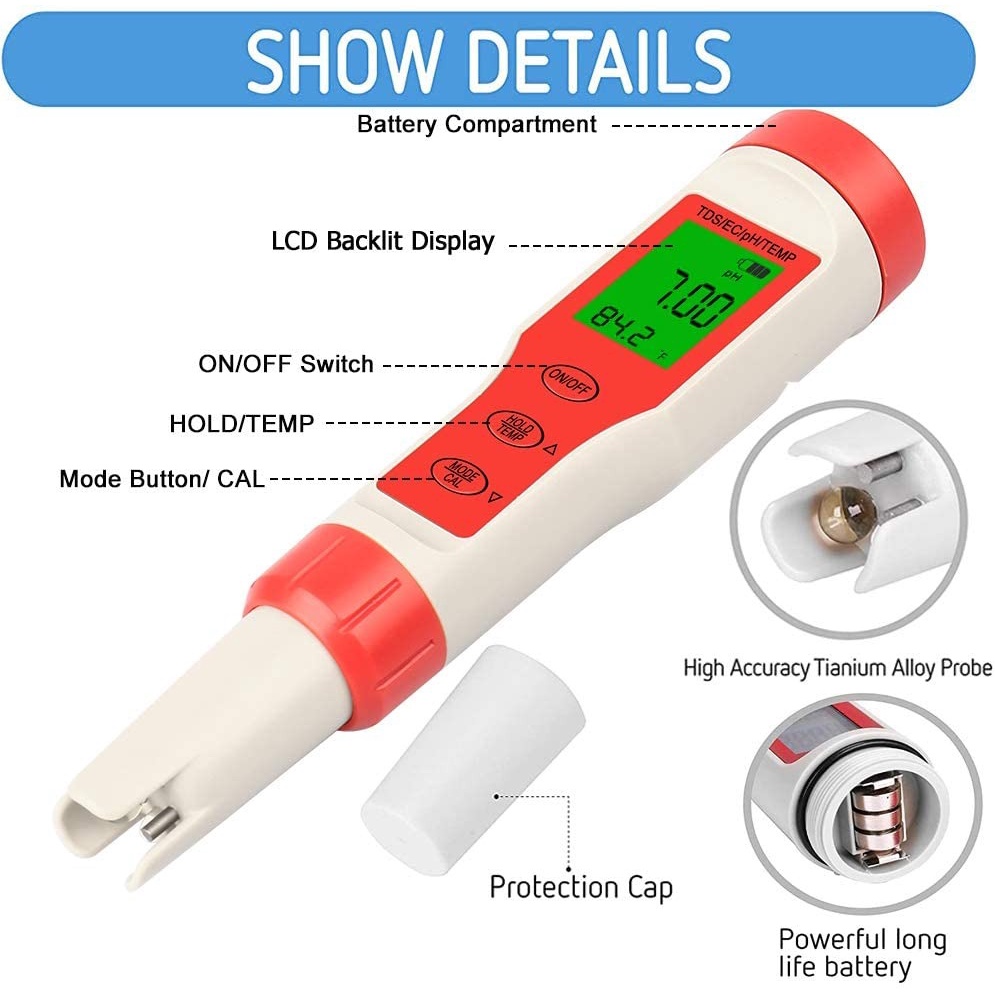 PH TDS EC Meter Temperature Meter Water Tester ATC Temp Suhu Waterproof