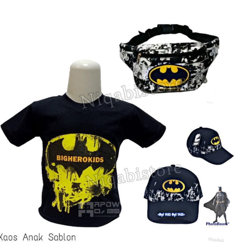 Baju anak kaos laki-laki karakter Batman gratis waistbag topi - baju anak