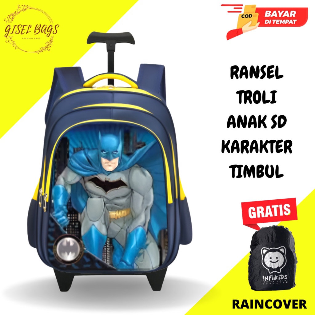 GB-Tas ransel troli anak laki laki SD tas ransel troli karakter superhero tas ransel troli timbul tas ransel troli import