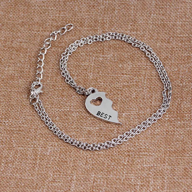 2Pcs Friend Heart Silver Tone Rhinestone Pendant Necklace Bff Friendship Jewelry