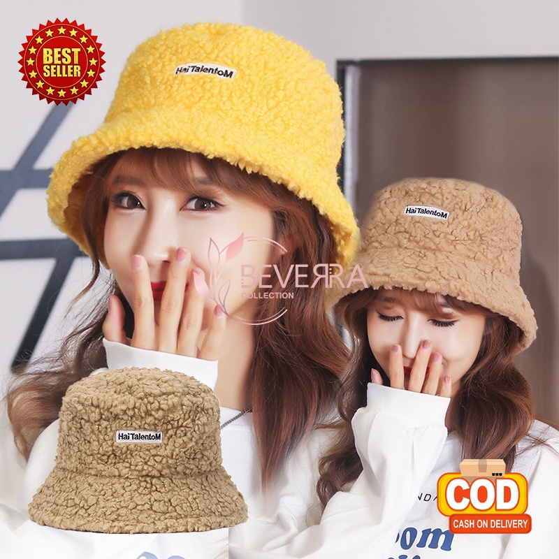 Bucket Hat Pria Wanita Korea Motif HaiTalentoM Bahan Kain Wol Bulu Domba Topi Trendy Kekinian Import