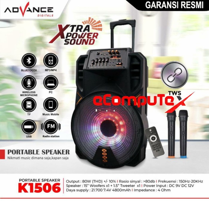 SPEAKER ADVANCE PORTABLE K-1506 K1506 BLUETOOTH 15 INCH KOPER + 2 MIC WIRELESS GARANSI RESMI