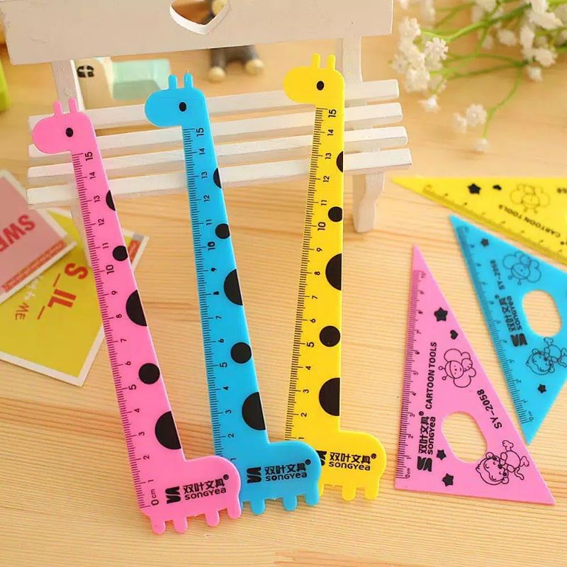 Penggaris Set 4 in 1 Motif Jerapah Giraffe / Penggaris Plastik Jerapah 15 cm