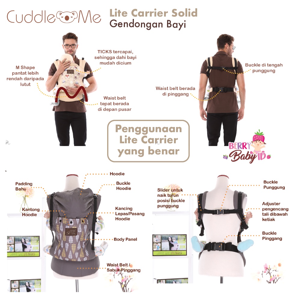 Cuddle Me Lite Carrier Solid Colour Gendongan Depan Gendongan Bayi Berry Mart