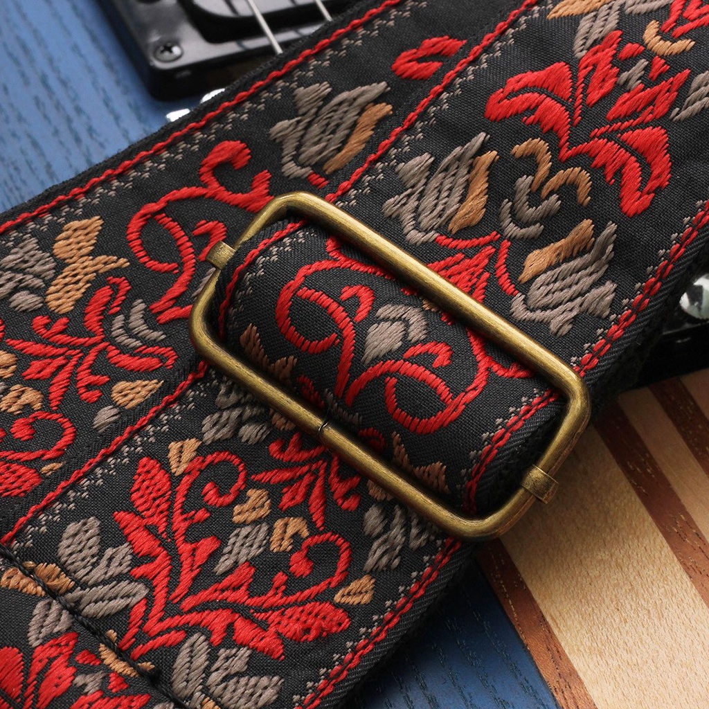 Strap Gitar Bahan Kulit Motif Bunga Warna Hitam Dan Merah Gaya Bohemia