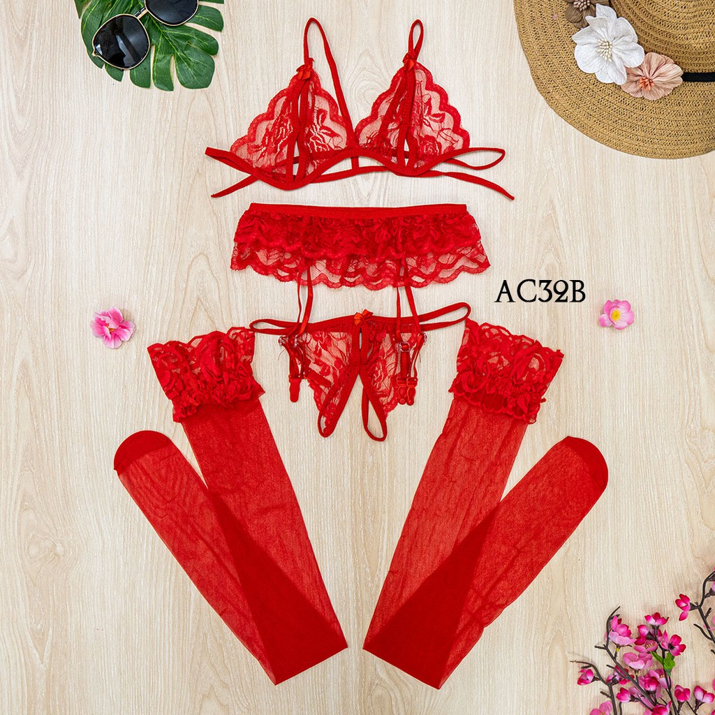 [READY STOCK] BRA SET CD G STRING + STOCKING SEXY + GARTER BELT MERAH AC32B