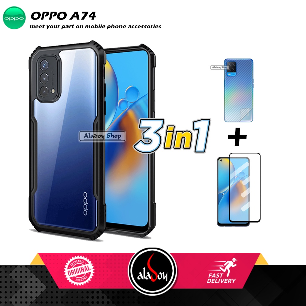 Case Oppo A74 Armor Fushion Transparent Casing + Tempered Glass Full Layar dan Skin Carbon