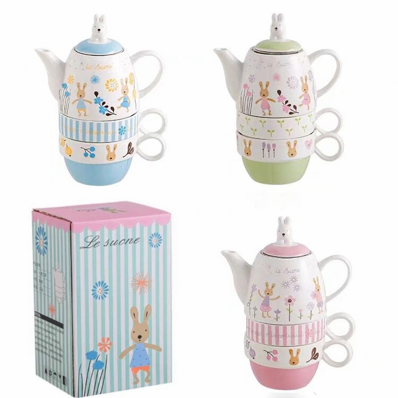 Gelas Teko + 2 Mug Set Rabbit Tea Set Keramik Kado Ultah Gift Premium