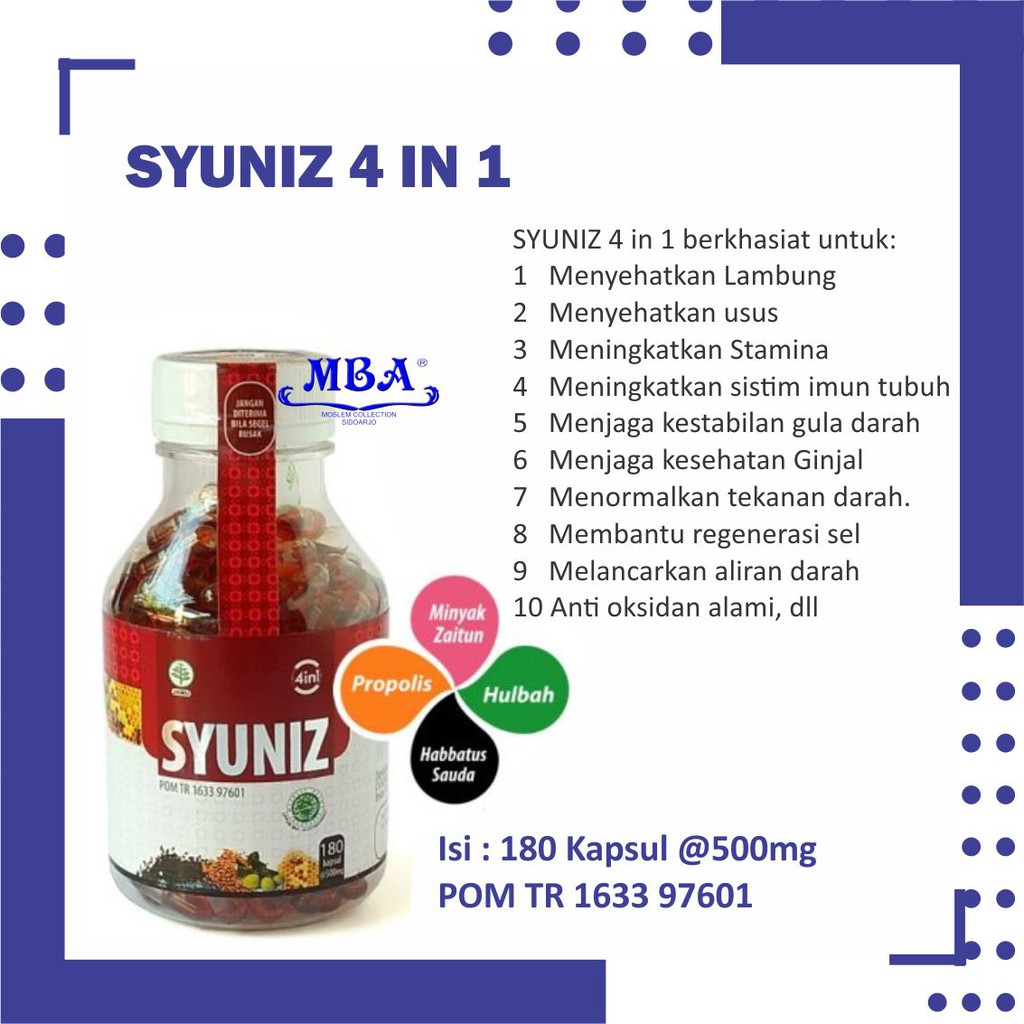 Syuniz 4 in 1 Habbatussauda Hulbah Zaitun Propolis isi 180 kapsul Ori BPOM