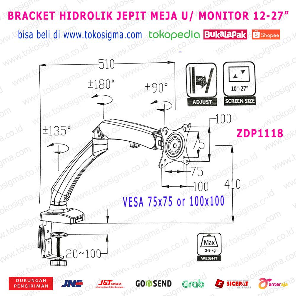 BRACKET JEPIT MEJA MONITOR PC 12-27&quot; DESK MOUNT TEKUK HIDROLIK MIRIP NB-F80