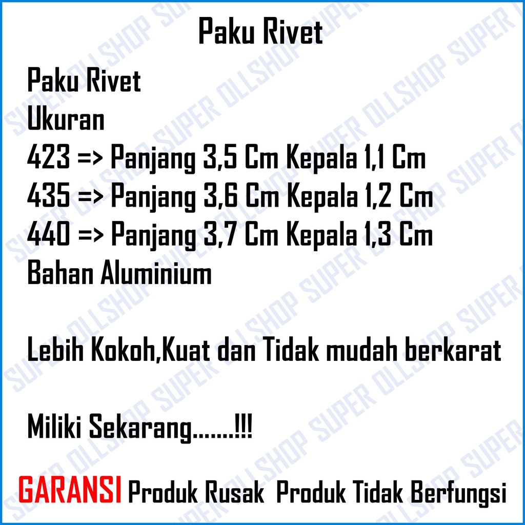 Paku Rivet Ripet Drill Hole Rifet Rivetti 3.3 - 3.4 MM 423 435 440 Knalpot Ecer 100 Pcs Murah