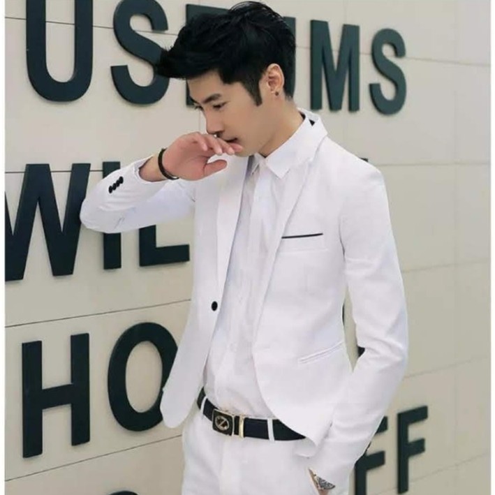 SETELAN BLAZER PUTIH SLIMFIT PRIA 3IN1 - MILKY WHITE KOREAN ORIGINAL NIKAYU BAHAN HIGH TWIST