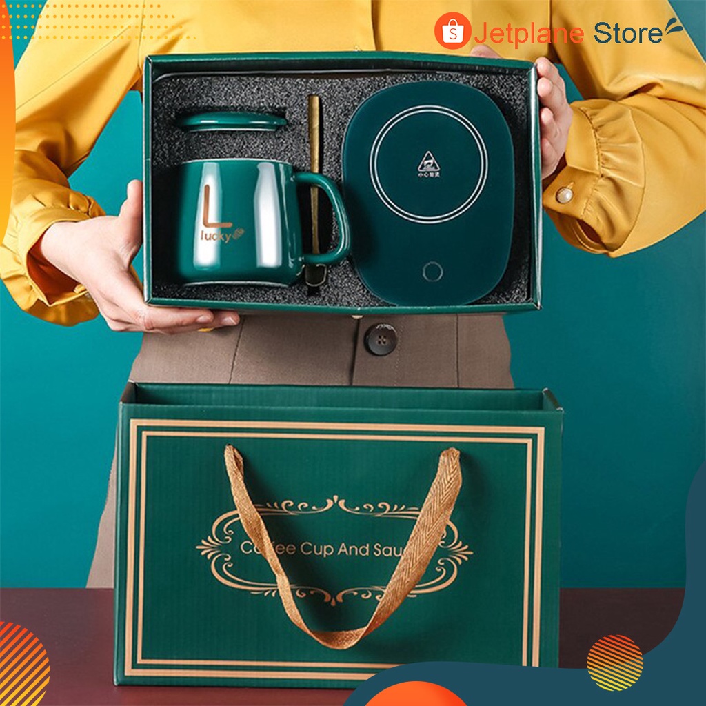 Mug Cangkir Keramik Set Dengan Alat Penghangat Elektrik Dengan BOX Elegant dan Free Bonus Mug Stainless 500ml