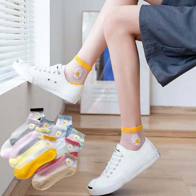 Kaos Kaki Korea Bunga Daisy Transparant Kekinian.