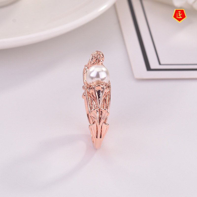 [Ready Stock]Creative Mermaid White Pearl Ring 18K Rose Gold