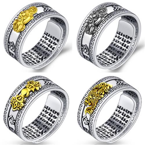 Wanita Pria Feng Shui Pixiu Charms Fashion Kekayaan Keberuntungan Cincin Buddha Mantra Kitab Suci Jimat Kekayaan Kebugaran Terbuka Adjustable Perak Rings