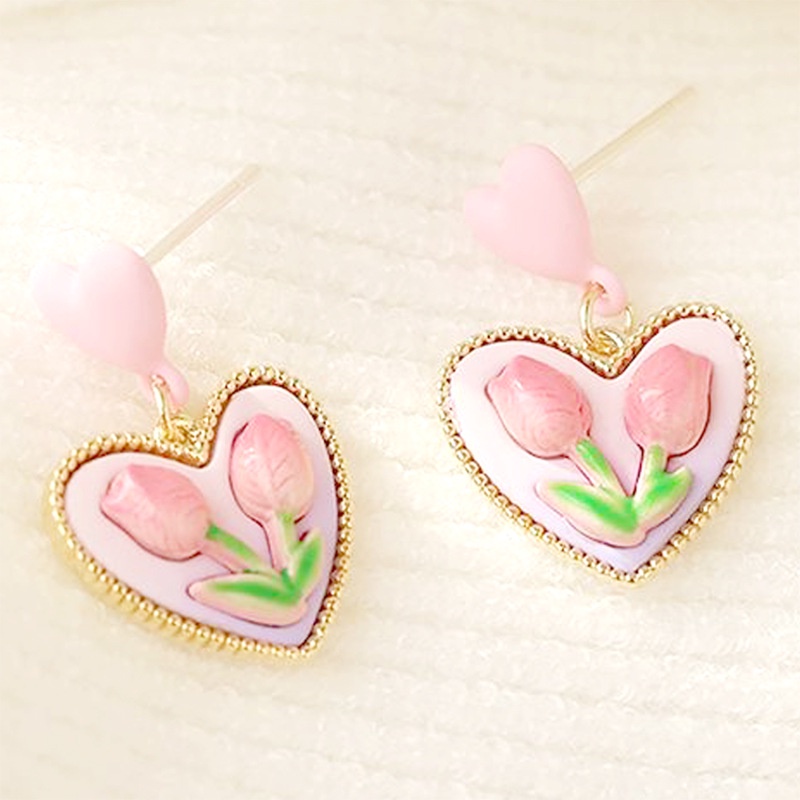 1 Pasang / set Anting Liontin Bentuk Hati Tulip Warna Pink Gaya Korea Untuk Wanita