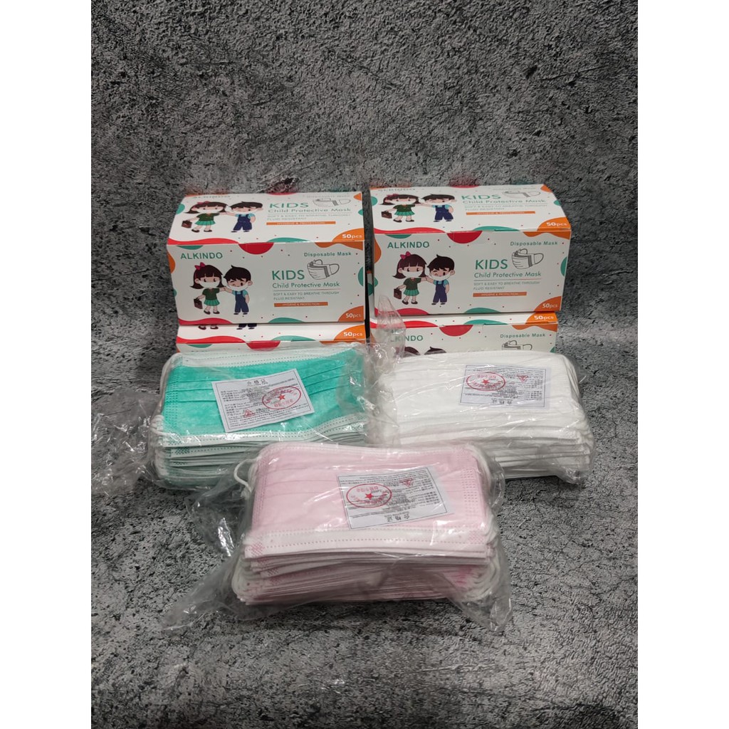 PER BOX 50PC - MASKER ANAK 3PLY CAREION NECARE ALKINDO WARNA POLOS