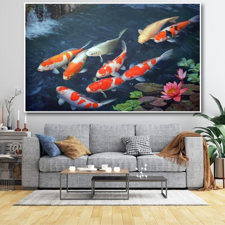 Lukisan Poster Ikan Koi hoki Fengshui 9 Jumbo 3 dimensi Xtra Besar Ukuran 70x50 cm 100x70cm 150x100c