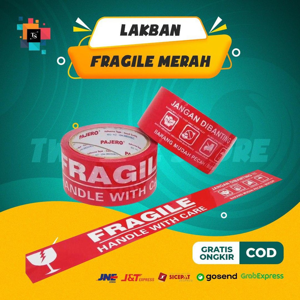 

Lakban Isolasi Tape FRAGILE Merah Aksesoris Pelengkap Packing para Penjual Isi 5 x 50 Meter