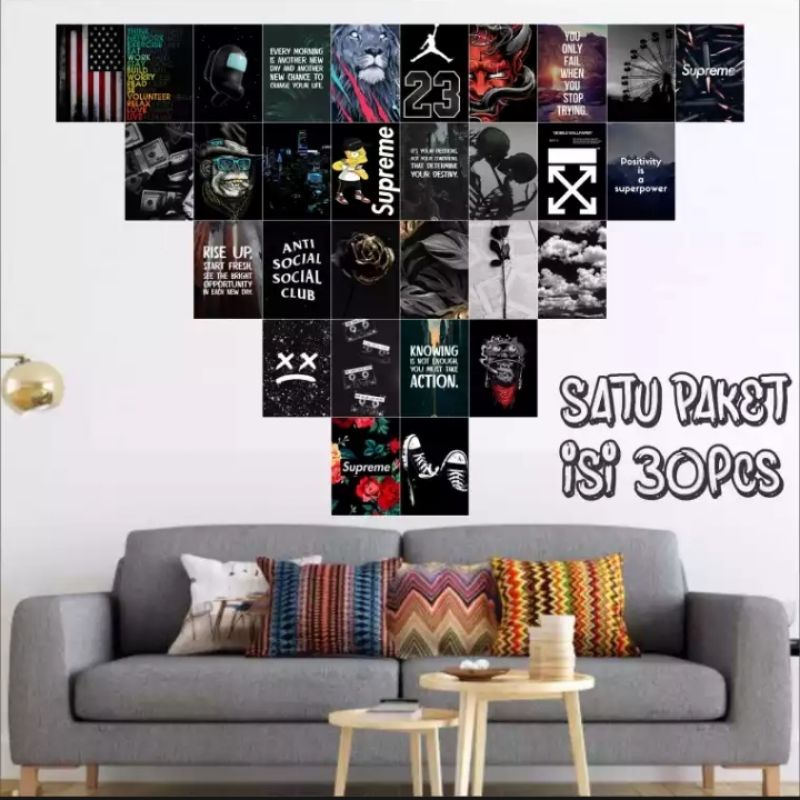 POSTER DINDING KAMAR COWOK BLACK 1 PAKET ISI 30PCS POSTER DINDING KAMAR AESTHETIC POSTER