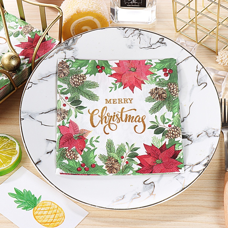 20Sheets/Pack Christmas Mistletoe Paper Napkin For Wedding Birthday Home Party Decoration Servilleta Supplies 25*25cm