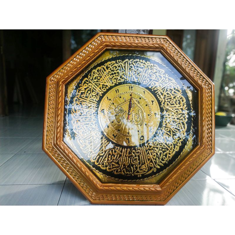 Hiasan Dinding Jam Kaligrafi unik mewah besar keren kayu + plat 75 cm