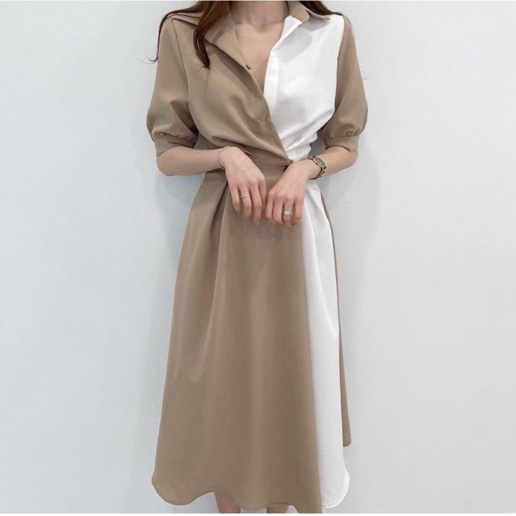 Basic id fashion  Dres wanita elena / Dres korean kombinasi / pakaian wanita / gaun wanita elegant