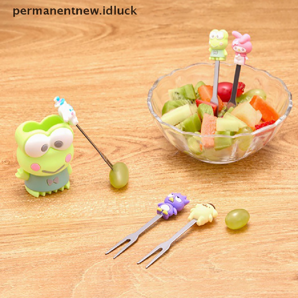 Set 5 Pcs Garpu Buah Bahan Stainless Steel Motif Kartun Dengan Holder