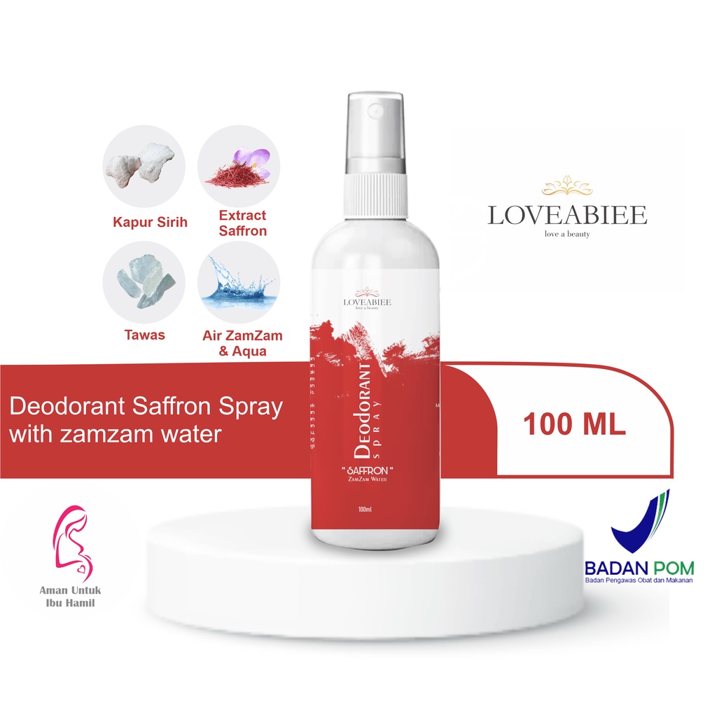 Deodorant Spray 100ml dengan saffron zamzam water mencegah bau badan, keringat berlebih LOVEABIEE deodoran dapat mencerahkan ketiak tidak bau walaupun dipakai 24 jam