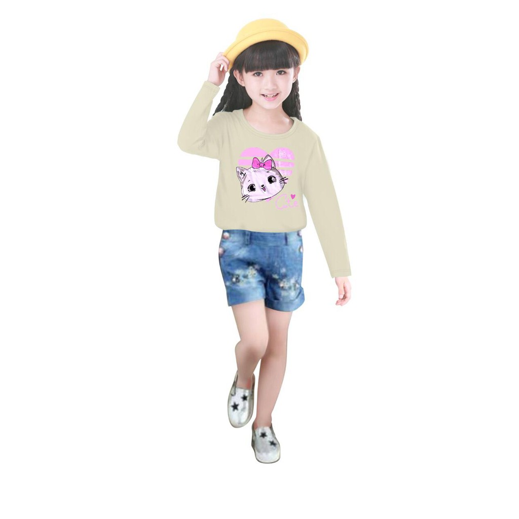 ALICIA.89 - KAOS ANAK CEWEK TANGAN PANJANG LOVE CAT (4-9 TAHUN)# KAOS ANAK CEWEK MURAH (COD)