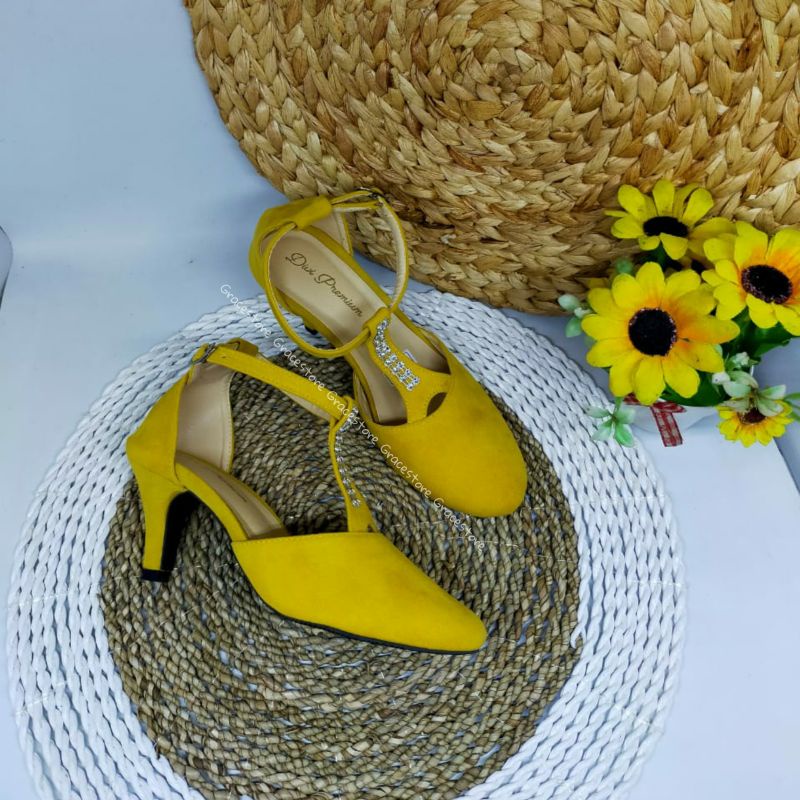 Heels wanita warna hijau warna hitam - sandal wanita korea - heels wanita hak lancip Pd334-3