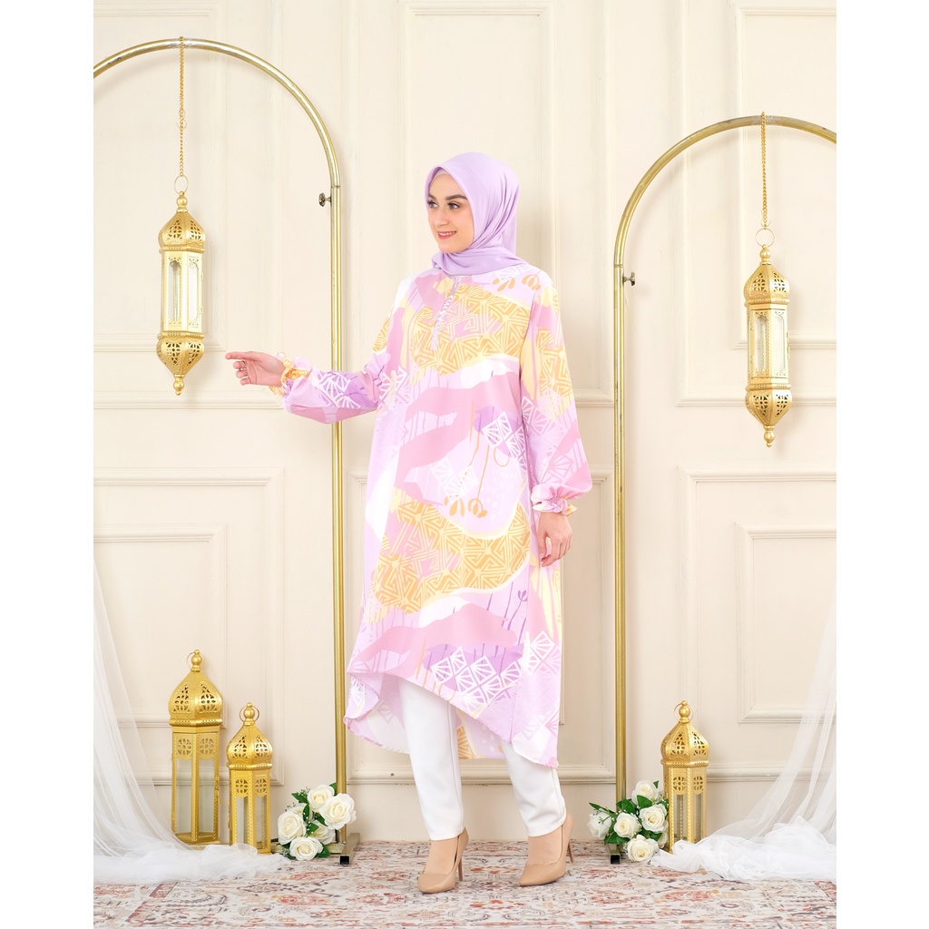 Maiza Tunik Rayon Wanita Long Tunik Rayon Motif Abstrak Blouse Wanita Panjang Belakang Model Terbaru