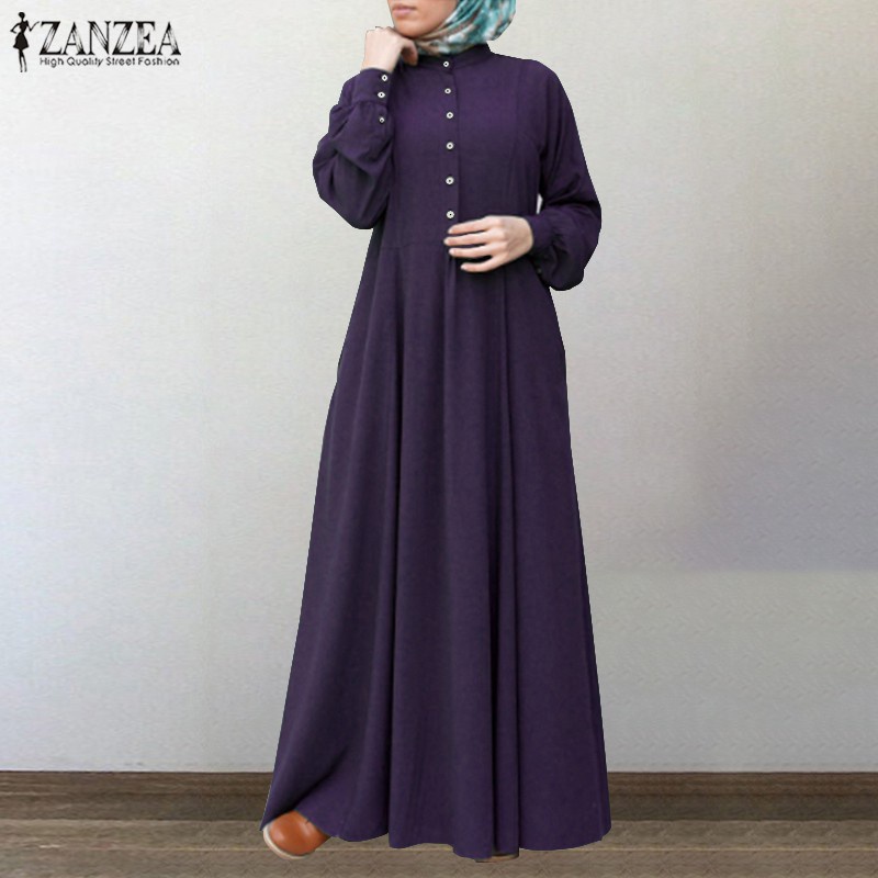 ZANZEA Women Muslim Buttons Long Sleeve High Waist Solid Color Maxi Dress