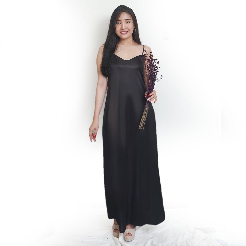 FLV dress panjang hitam tanktop baju tidur satin hitam all size lingerie seksi linjeri baju haram ba