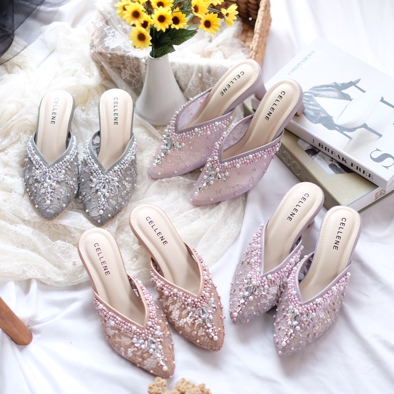 𝗖𝗘𝗟𝗟𝗘𝗡𝗘 Vlorae Beads Heels / wedding shoes sepatu pengantin payet mocca 5cm