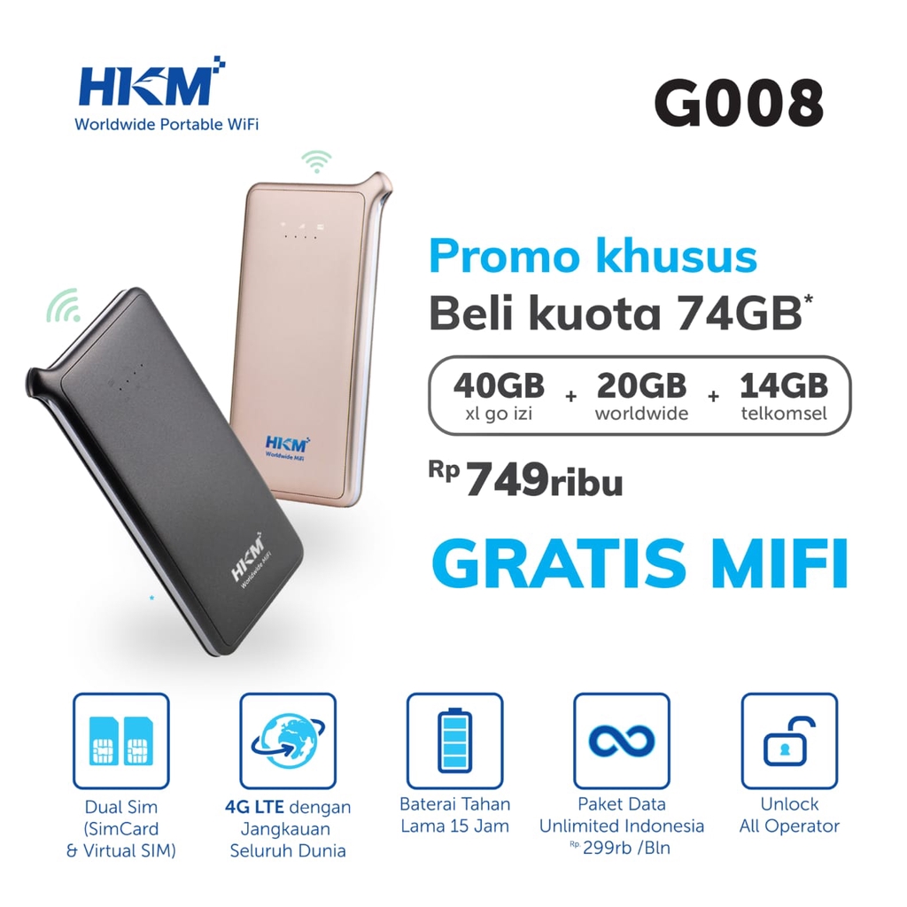 Modem Wifi 4G HKM G008 Free XL Go IZI 40GB Unlocked Resmi