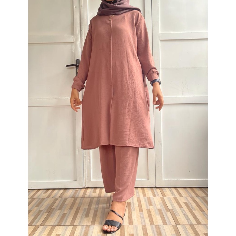RANIA LONG TUNIK | SETELAN TUNIK BAHAN KRINKLE | SETELAN WANITA KEKINIAN | SETELAN WANITA VIRAL 2022