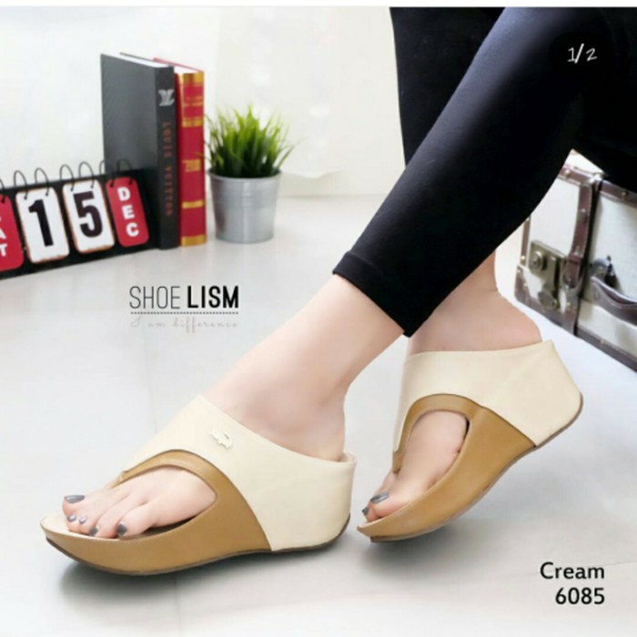 New WEDGES CROCODILE CREAM TB-1205 SEPATU WANITA WEDGES PLATFORM Murah