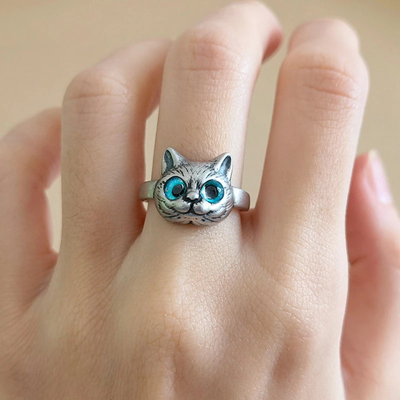 Cincin Model Terbuka Dapat Disesuaikan Desain Hewan Mata Kucing Warna Biru Gaya Vintage Untuk Wanita