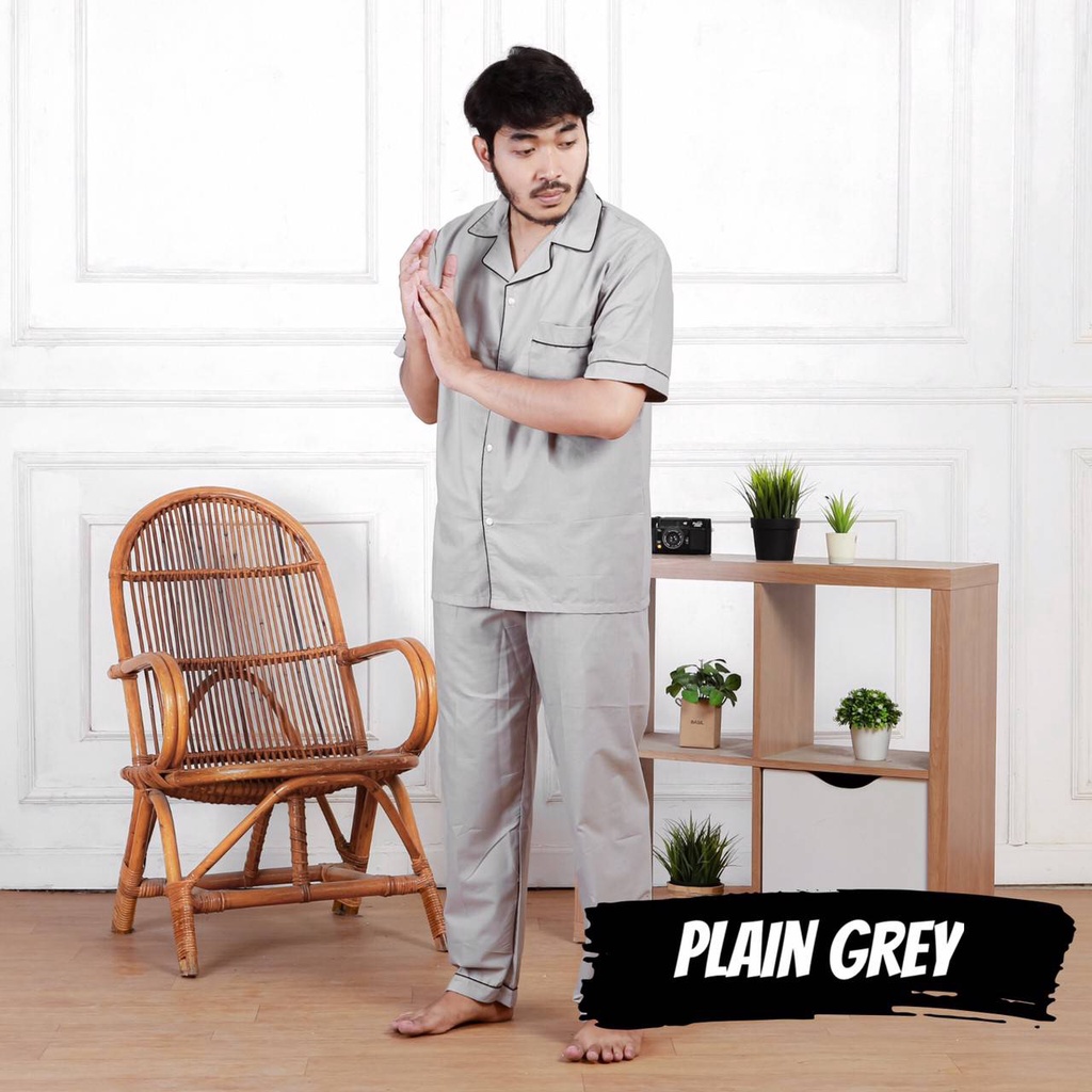 PRIA PLAIN GREY PIYAMA cowok motif polos abu murah nyaman adem celana panjang lengan pendek katun