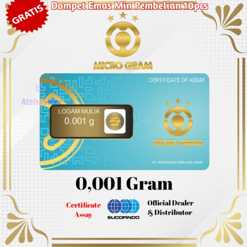 Microgram/Minigold/Emas mini/Souvenir emas 0,001 Gram 24 karat Bersertifikat FREE DOMPET EMAS