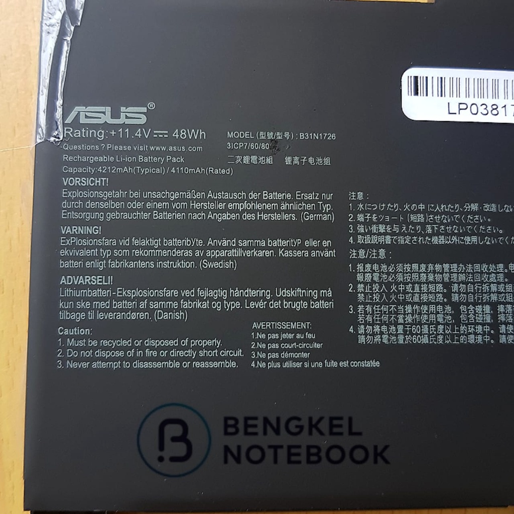 Baterai Asus TUF FX504 FX504G FX504GE FX505 FX505D G531 G531GT G531GD B31N1726 - B31N1726-1 B31N1726 TYPE B