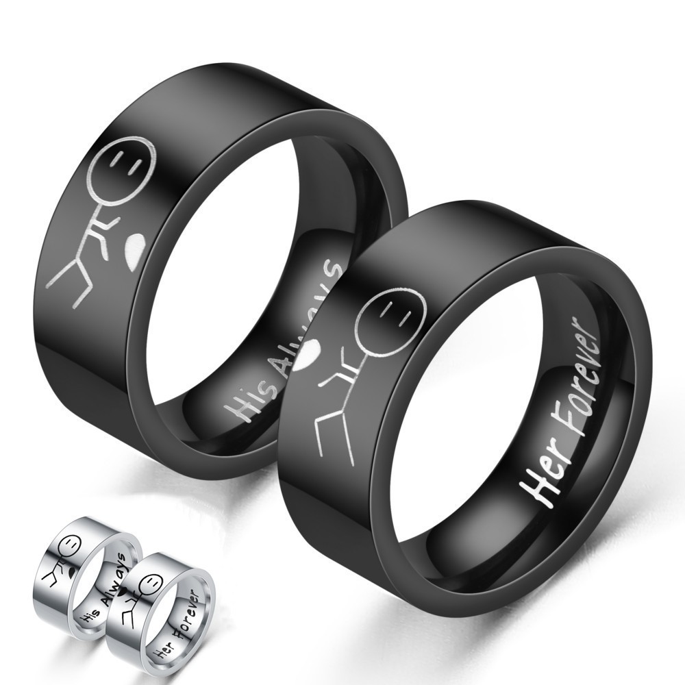 Cincin Desain Tulisan Her Forever His Always I Love You Bahan Titanium Silver Hitam Untuk Pasangan