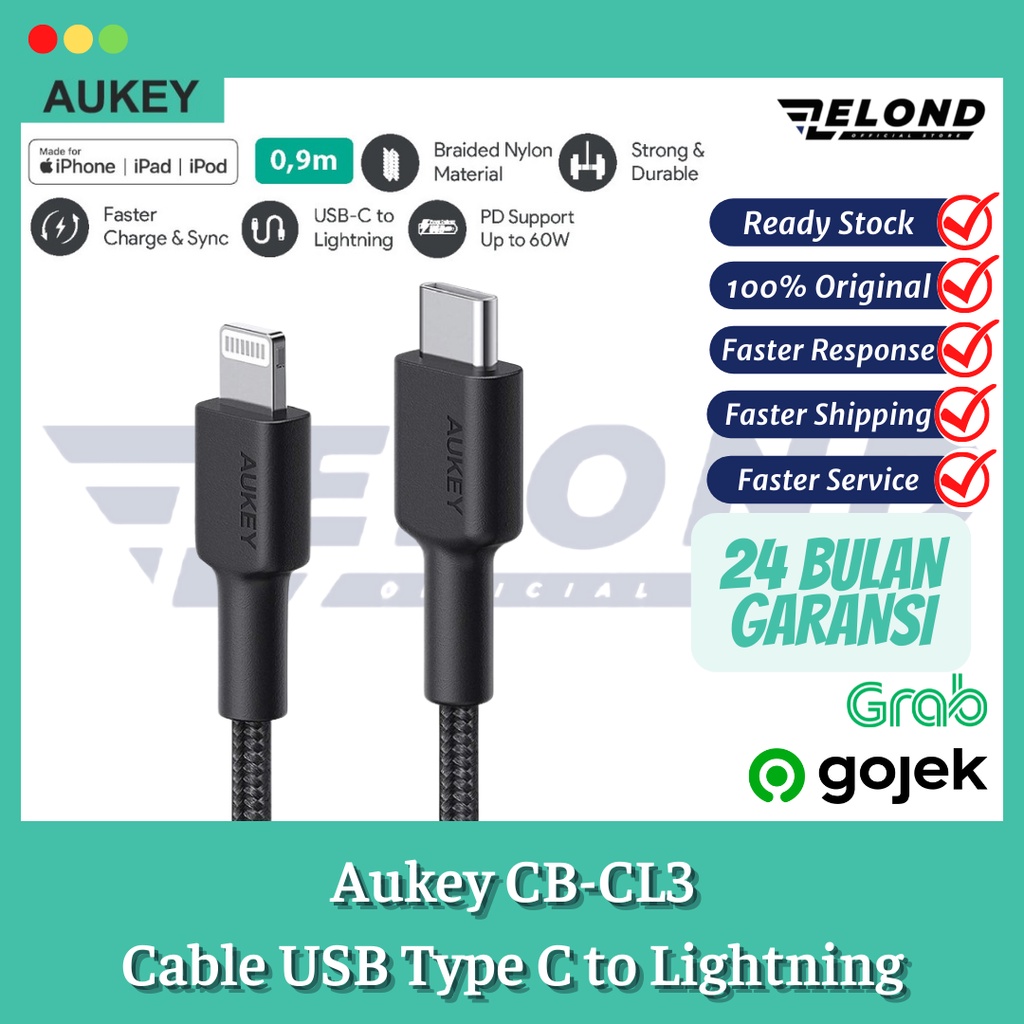 Jual Kabel Charger Aukey CB CL3 Black USB C To Lightning 500820 Shopee Indonesia