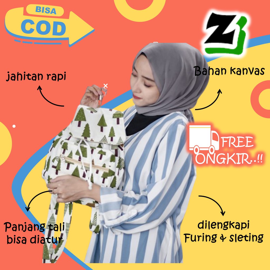 Tas ransel wanita cewek Perempuan Cewe remaja Sekolah kuliah kerja kanvas kekinian serut murah A6-cemara